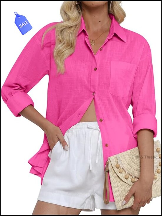 Tops - Button Down Shirt Long Sleeve Cotton Summer Beach Top with Pocket